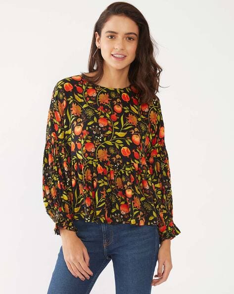 Zink London Hawaiian Print Round-Neck Top