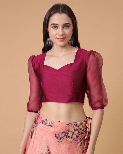 Women Side-Open Blouse with Puffed-Sleeves