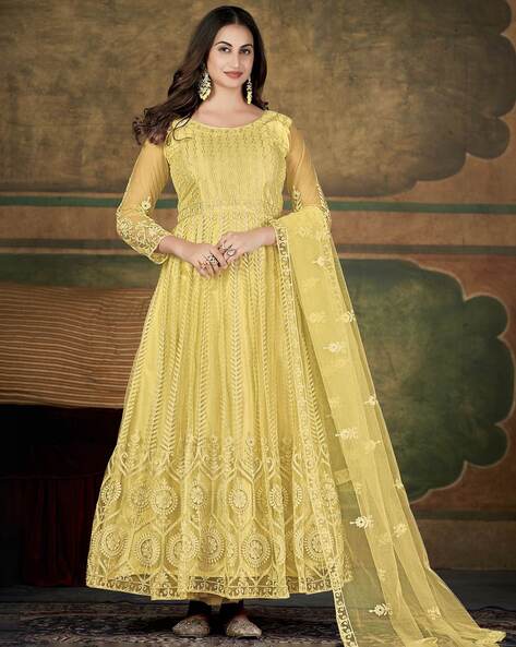 Embroidered Semi-Stitched Anarkali Dress Material Price in India