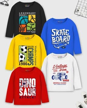 trampoline Boys Pack of 5 Typographic Print Regular Fit T-Shirts-picture-14