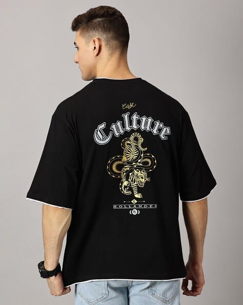 Men Typographic Print Drop Shoulder Oversized Cotton T-Shirt