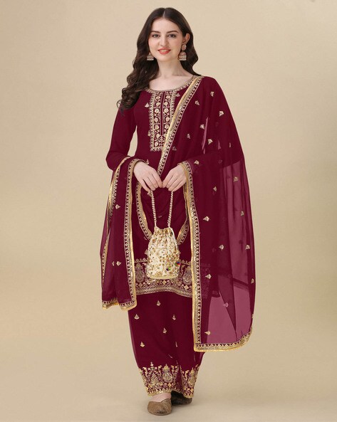 Embroidered Semi-Stitched Straight Dress Material Price in India