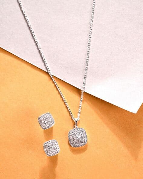 Women Sterling Silver American Diamond-Studded Pendant with Earrings Chain