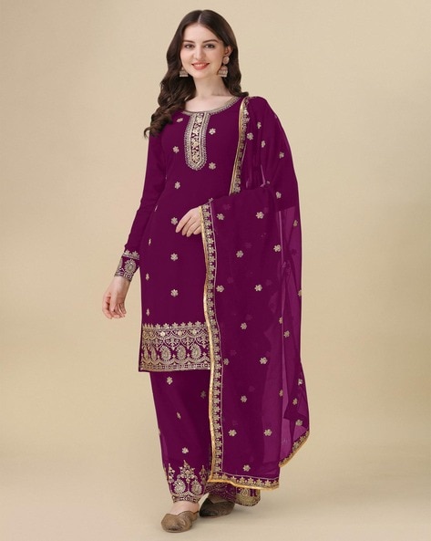 Embroidered Semi-Stitched Straight Dress Material Price in India