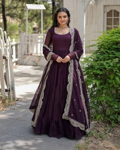 Embroidered Semi-Stitched Anarkali Dress Material Price in India