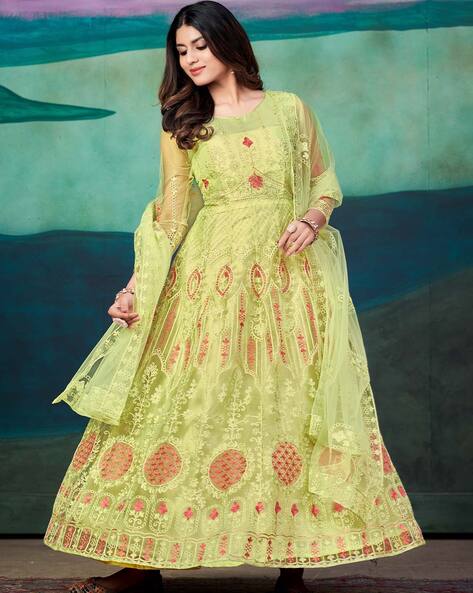 Embroidered Semi-Stitched Anarkali Dress Material Price in India