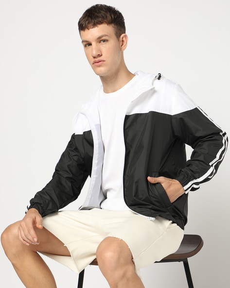 Men Colourblock Regular Fit Hooded Windbreaker Jacket