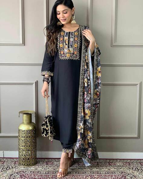 Embroidered Straight Kurta Set Price in India