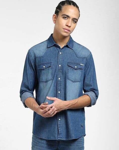 Spread-Collar Denim Shirt