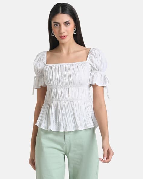 Fitted Shirred Top with Puff Sleeves - Main Image