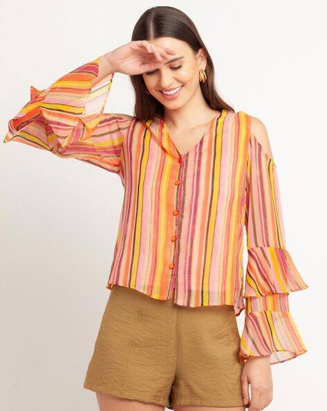 Zink London Striped Cold-Shoulder Sleeve Regular Top