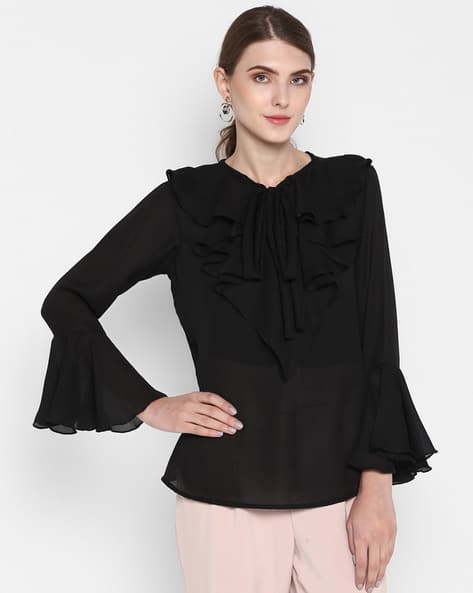 Bell Sleeves Ruffle Sleeve Blouse Online Buy SheIn Ruffle Long