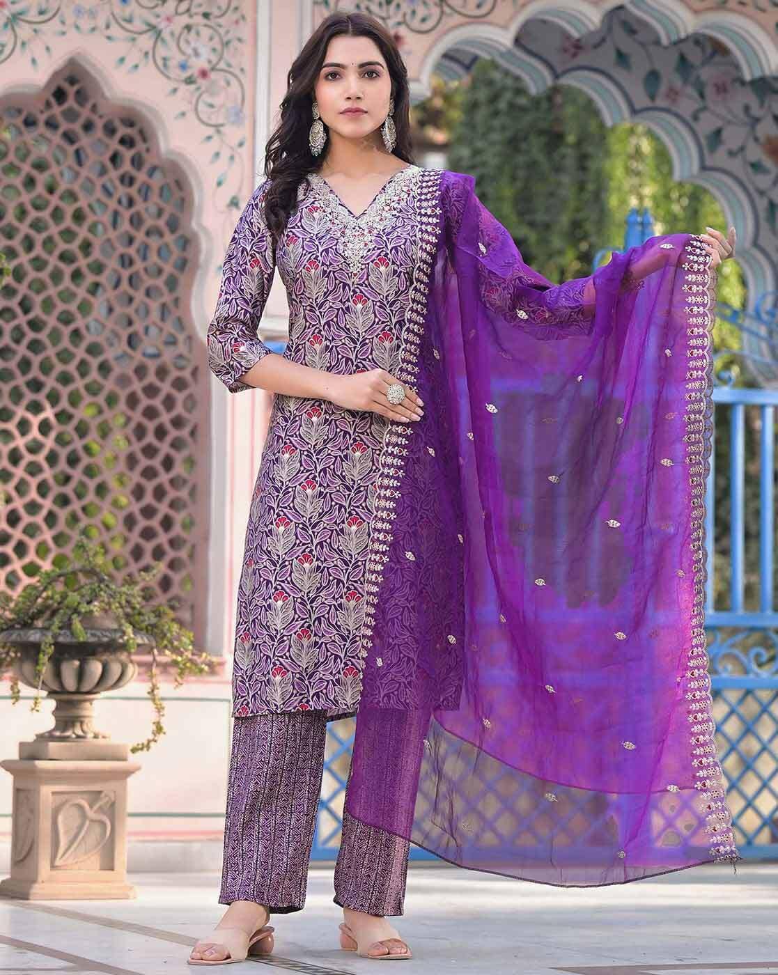 Lavender & White Floral Print Cotton Kurta Set for Women “ 2 Piece Cotton Ethnic Wear
