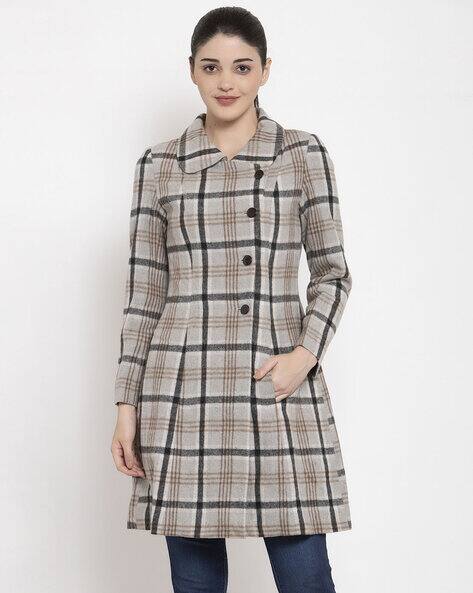 Coat Fashion Grey Checked Coat Womens Grey Checked Casual Full