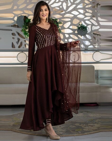 Embellished Semi-Stitched Anarkali Dress Material Price in India