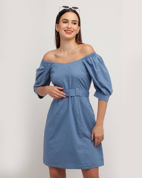 Zink London Solid Off-shoulder Neck A-line Dress