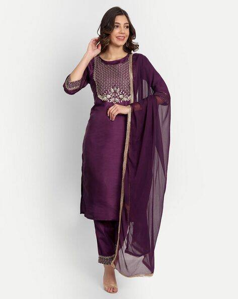 VREDEVOGEL Embroidered Straight Kurta Set with Dupatta