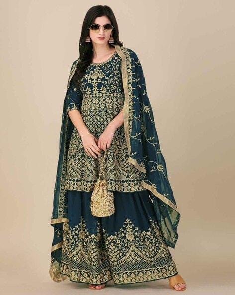 Embroidered Semi-Stitched Straight Dress Material Price in India