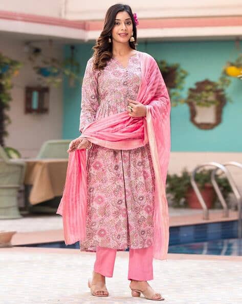 Women Floral Print Flared Kurta Pants with Dupatta