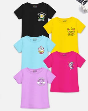 Pack of 5 Girls Regular Fit Round-Neck T-Shirts