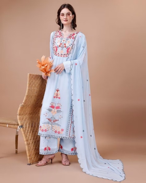 Women Embroidered Straight Kurta Set Price in India