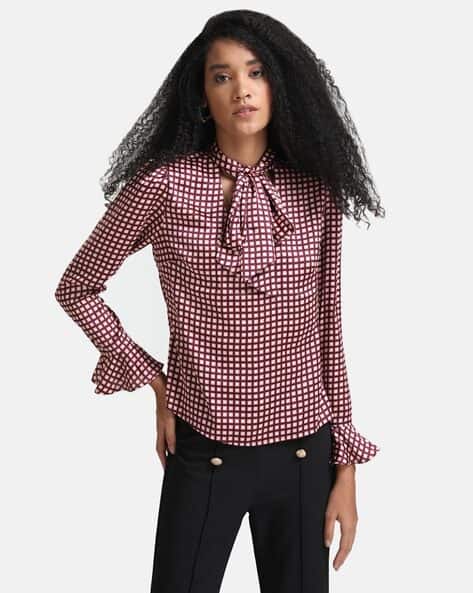 Kazo Women Geometric Print Relaxed Fit Top with Neck Tie-Up