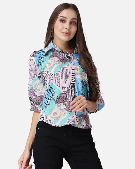 Cation Typographic Print Spread-Collar Shirt