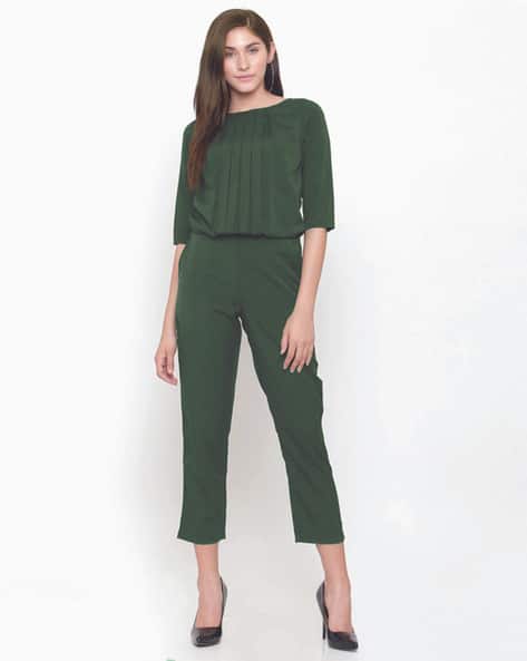 Pleated Round-Neck Ankle-Length Jumpsuit