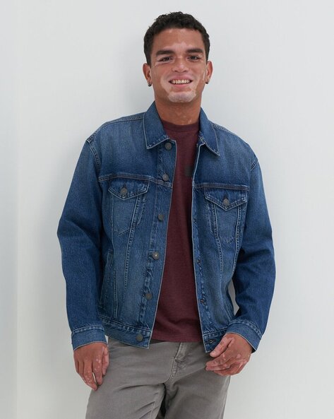 Men Slim Fit Denim Jacket with Flap Pockets