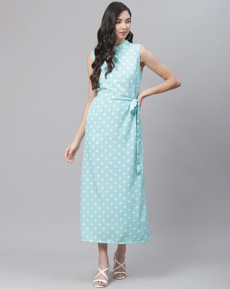 Polka-Dot Print Shift Dress with Waist Tie-Up