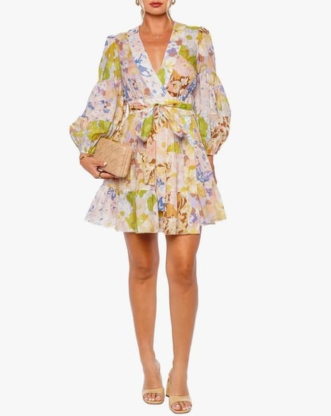 Floral Mini Wrap Dress with Tie-Up Belt