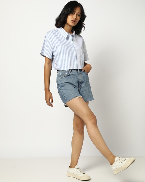 Women Striped Boxy Fit Crop Shirt