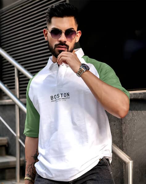 MANIAC Men Typographic Print Oversized Fit Polo T-Shirt