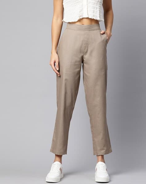 Khaki Cigarette Pants For Ladies Online Women Cigarette Flat-Front Trousers