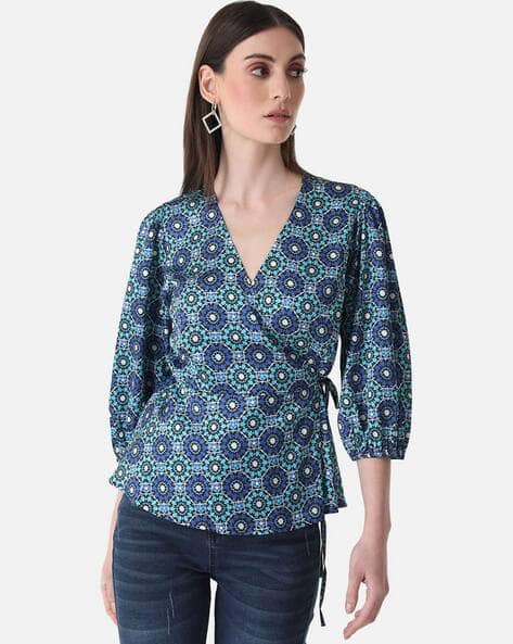 Kazo Women Geometric Print Fitted Wrap Top