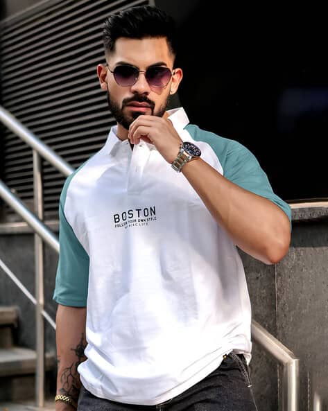 MANIAC Men Printed Polo Collar Cotton Oversized Tshirt