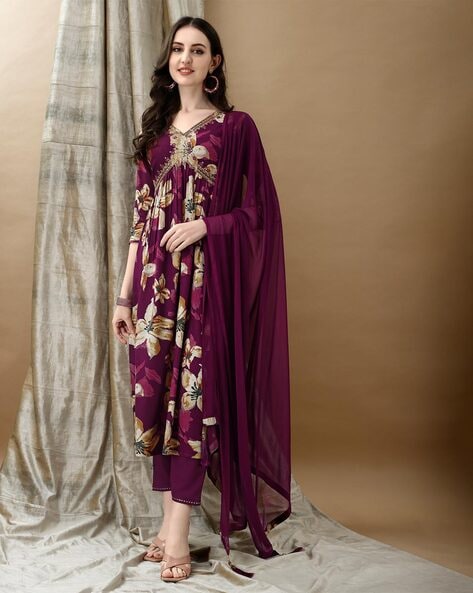 Women Floral Print A-Line Kurta with Pants & Dupatta