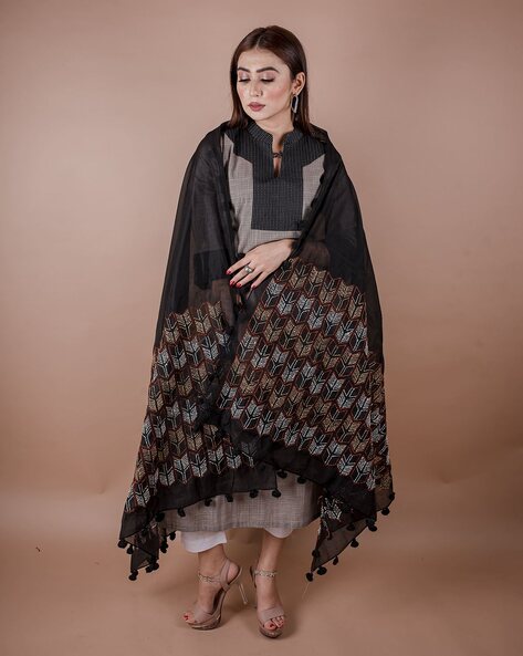 Women Embroidered Dupatta with Tassels 