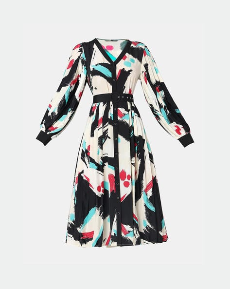 slim fit dress slacks VERO MODA Women Abstract Print Black Cotton Above Knee Length Fit and Flare  Dress main image 0