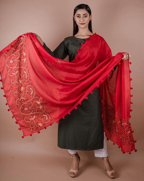 Women Embroidered Dupatta with Tassels Price in India