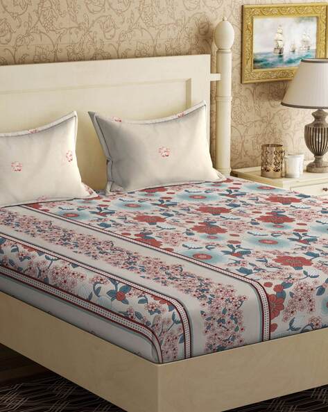 KLOTTHE 300 TC Floral Print Double King Size Bedsheet with Pillow Covers