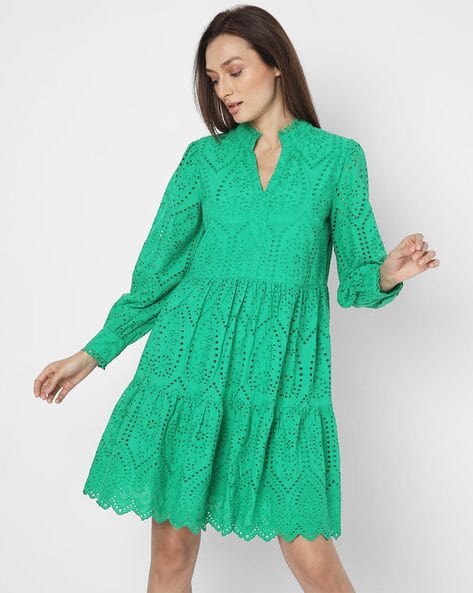 Vero Moda Women Schiffli Fit & Flare Dress with Cuffed Sleeves