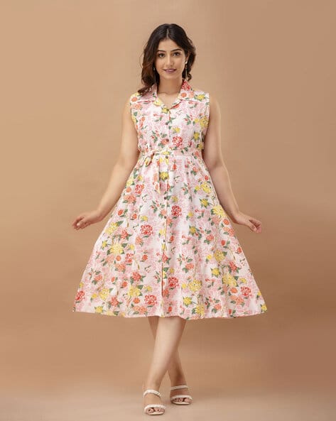 Floral Print Fit Flare Dress with Waist Tie-Up