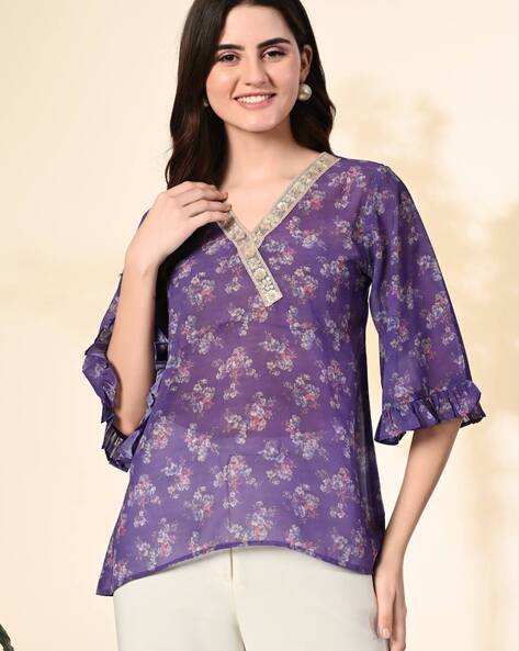 Myshka Women Floral Print Top with Bell-Sleeves