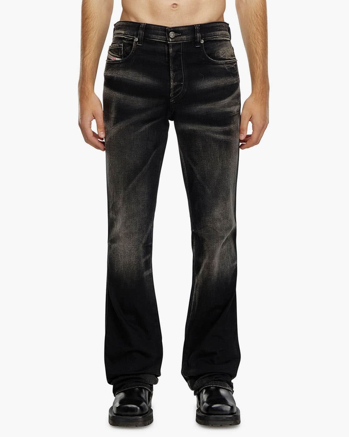 Mens Jeans Black Distressed Bootcut Jeans Low Fade Ripped Black