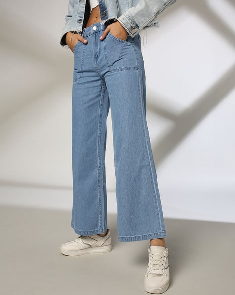 Women Lightly Washed Wide-Leg Cotton Jeans