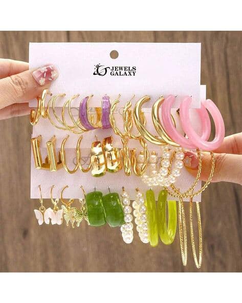 Women Set of 18 Gold Plated Pear Beaded Hoop Earrings