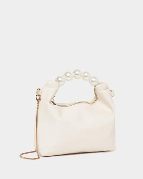 Embellished Handbag Pearl Handle Bag with Zip Closure