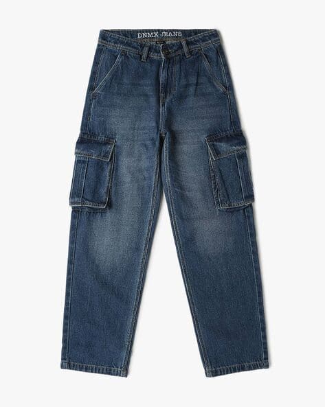 Boys Lightly Washed Straight Fit Cargo Jeans