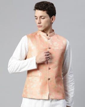 manq Men Floral Pattern Nehru Jacket with Welt Pockets-picture-33
